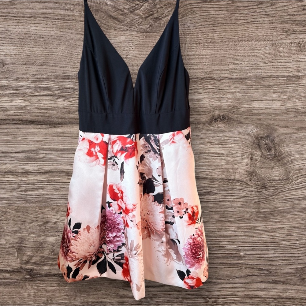 Le Chateau Black and Floral Midi Dress